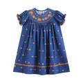 100% Cotton Blue Pumpkin Print Smocked Bishop Dress