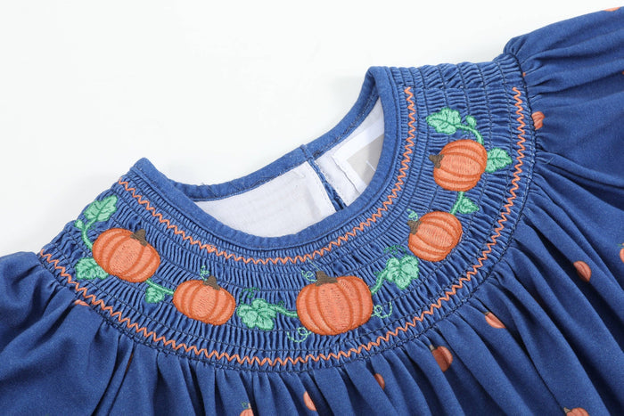 100% Cotton Blue Pumpkin Print Smocked Bishop Dress