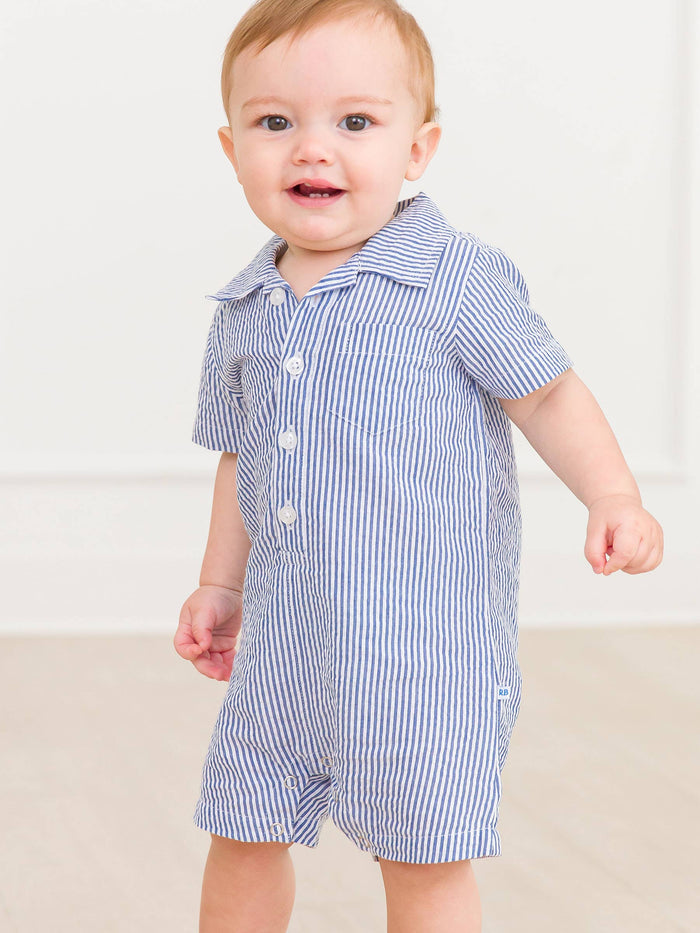 100% Cotton Blue Seersucker Button-Up Baby Romper