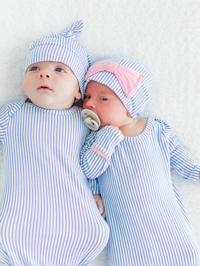 Bamboo-Spandex Periwinkle Stripe Knotted Sleep Gown & Hat Set Baby Boys