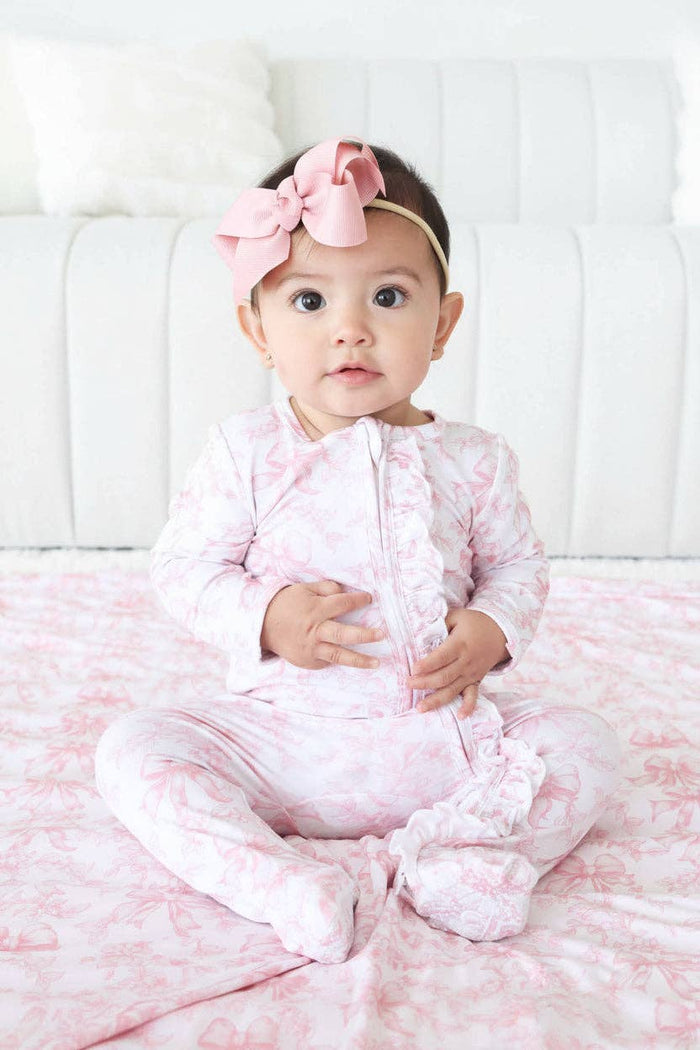 Bamboo-Spandex Pink Toile Ruffle Zipper Footie with Grips