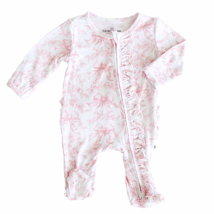 Bamboo-Spandex Pink Toile Ruffle Zipper Footie with Grips