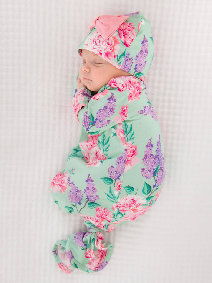 Bamboo-Spandex Sage Garden Floral Ruffle Knotted Sleep Gown & Bow Hat Set Baby Girls