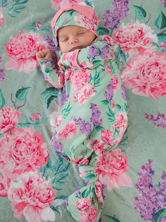 Bamboo-Spandex Sage Garden Floral Ruffle Knotted Sleep Gown & Bow Hat Set Baby Girls