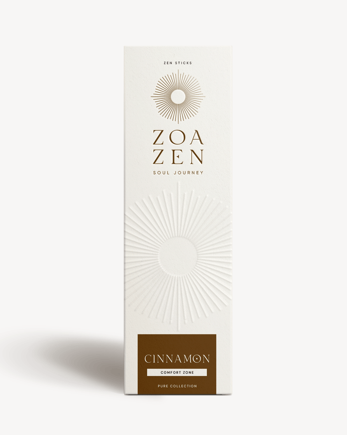 Zoa Zen Zimt-Sticks, elegante Verpackung, Pure Collection, für Entspannung und Wohlbefinden.