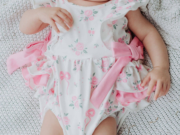 Cotton Blend Floral Bow Ruffle Baby Girl Romper