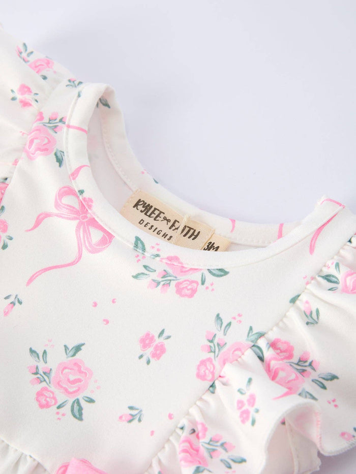 Cotton Blend Floral Bow Ruffle Baby Girl Romper