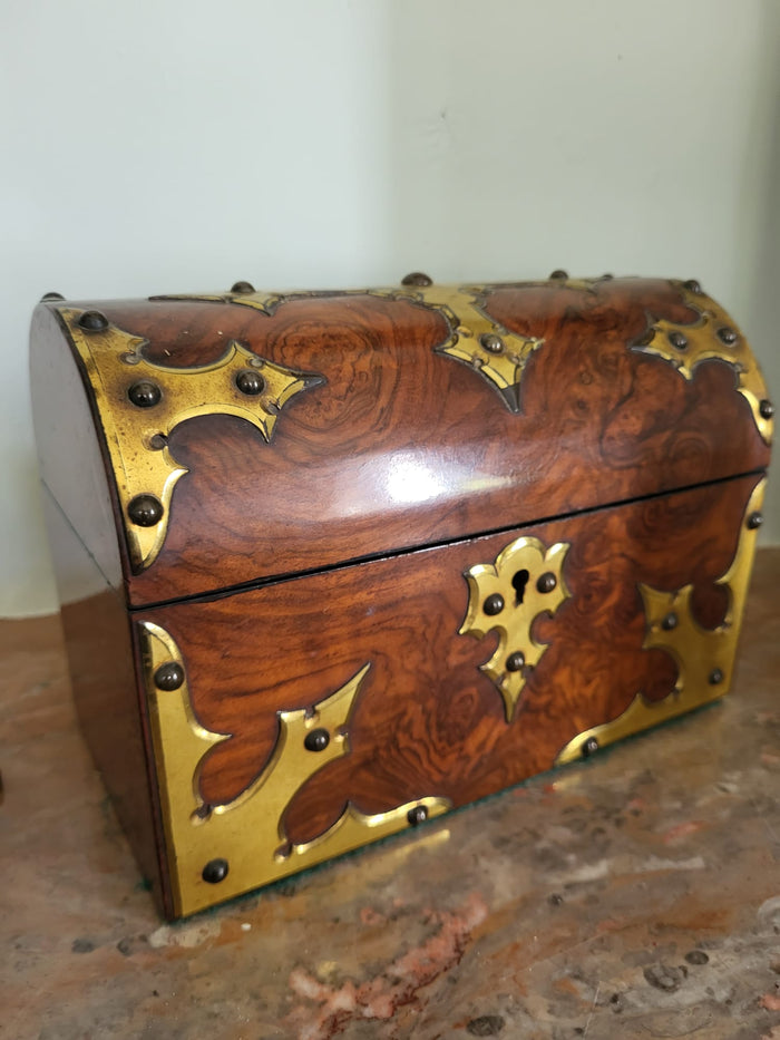 English Victorian burr walnut brass mounted tea caddy