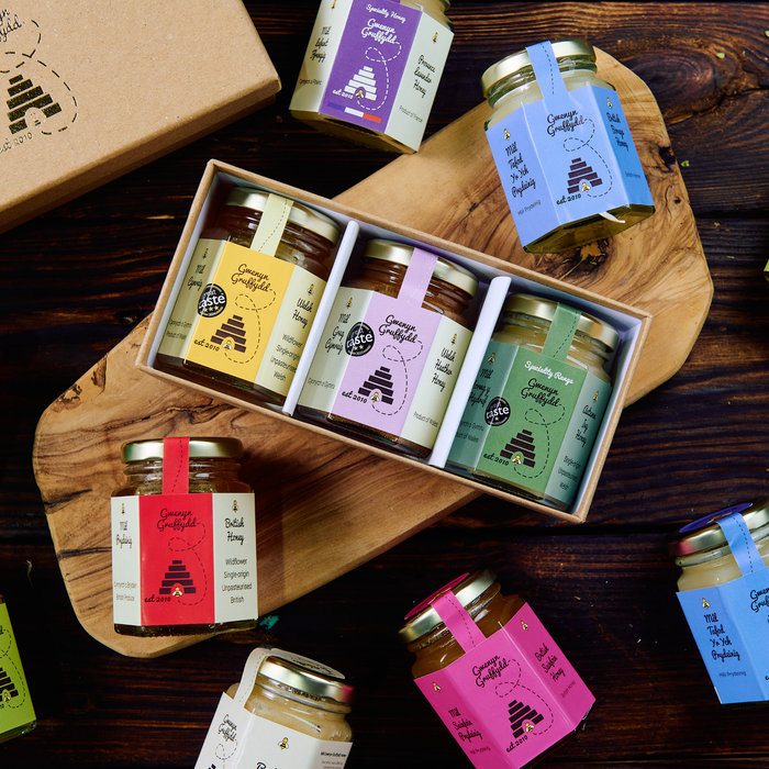 Luxury Trio of British Honey Gift Box – 3 × 142g Artisan Honey Collection