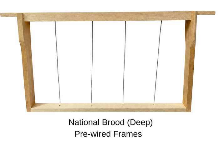 A light natural wood brood frame with five vertical metal wires, shown against a plain white background with text below reading 'National Brood (Deep) Pre-wired Frames'.