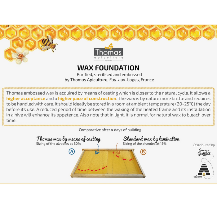 Pack of 10 French National Deep Beeswax Foundation Sheets by Thomas – Unwired for Pre-Wired Frames