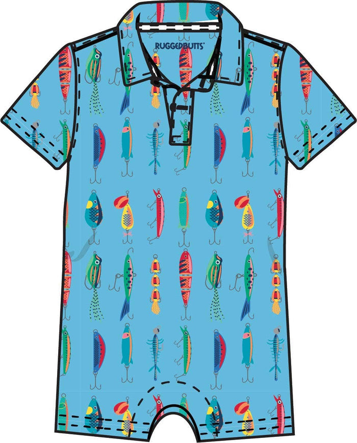 Polyester-Spandex Fishing Print Polo Baby Romper