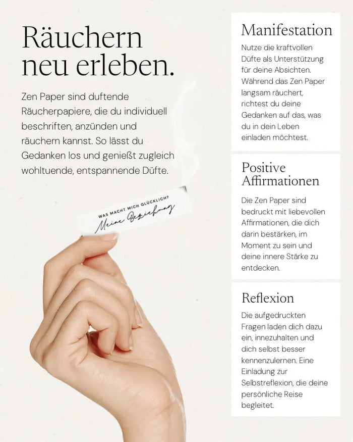Press Pause Zen Paper von ZoaZen – beschreibbares Räucherpapier der Core Collection mit warm-süßem Duft – weitere Ansicht