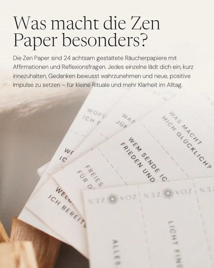 Press Pause Zen Paper von ZoaZen – beschreibbares Räucherpapier der Core Collection mit warm-süßem Duft