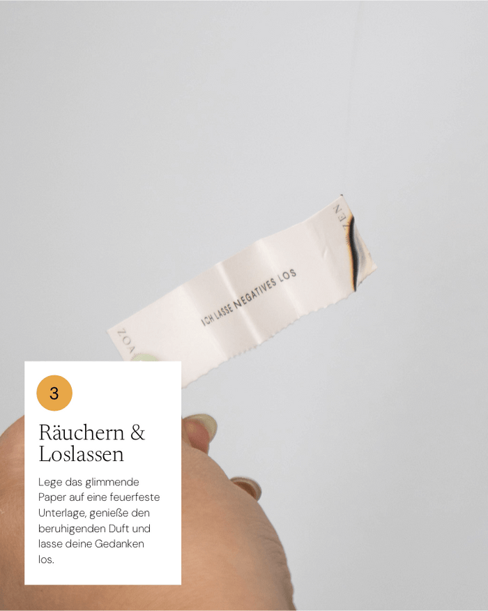 Räucherpapiere mit dem Text 'Ich lasse Negatives los', ideal für Meditation und Entspannung.