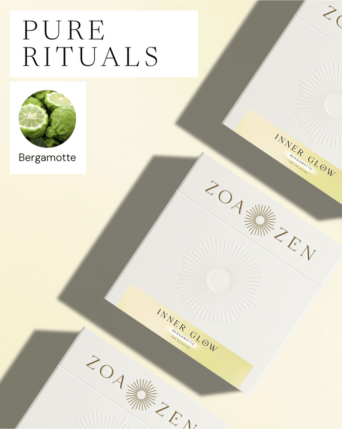Zoa Zen Inner Glow Set, weißes Paket mit Bergamotte-Duft für entspannende Rituale.