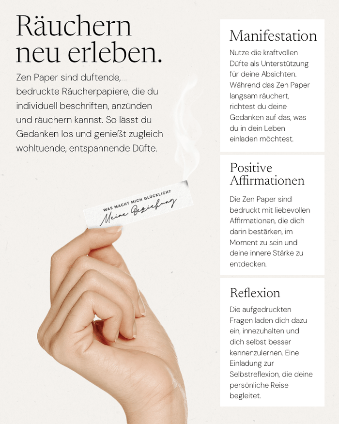 Zen Paper: bedruckte, duftende Räucherpapiere für Entspannung und Reflexion.