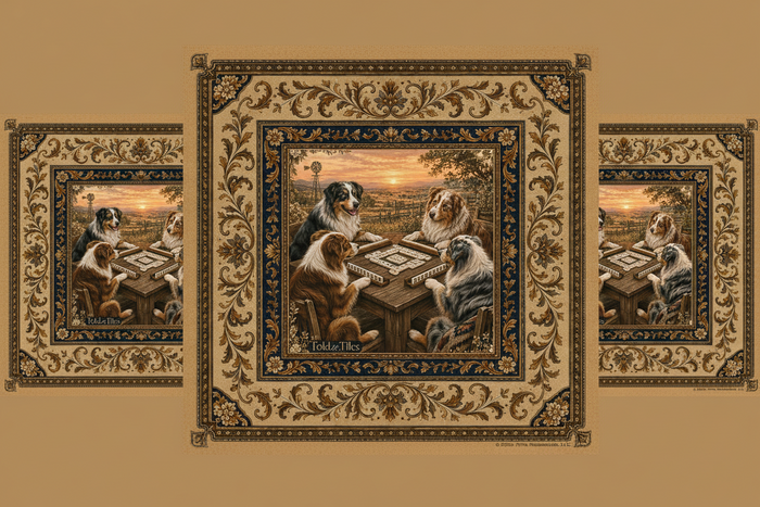 Sundown at The Table — Australian Shepherd Mahjong Mat | Paws & Tiles Collection - PREORDER