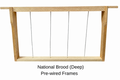 A light natural wood brood frame with five vertical metal wires, shown against a plain white background with text below reading 'National Brood (Deep) Pre-wired Frames'.