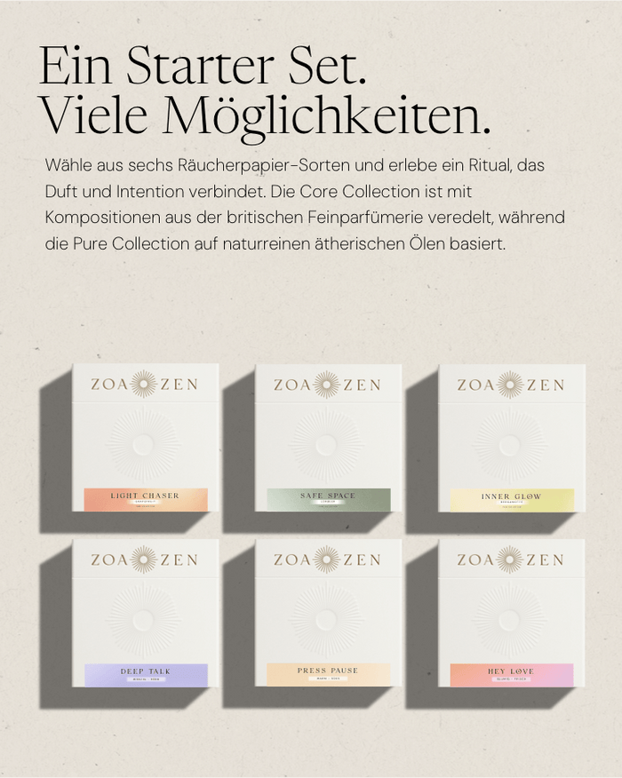 ZoaZen Starter Set – 6 Räucherpapier-Produkte der Core Collection im Überblick, alle Düfte auf einen Blick