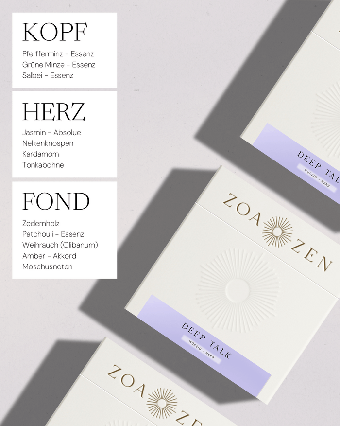 Zoa Zen Deep Talk Duftbox, enthält Pfefferminze, Jasmin und Zedernholz, elegant und aromatisch.