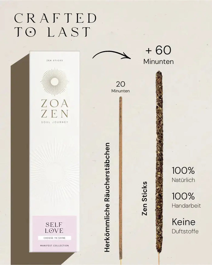 Zen Sticks Starter Bundle von ZoaZen – Einsteiger-Set mit natürlichen Räucherstäbchen und Keramik-Zen-Holder – Verpackung im Detail